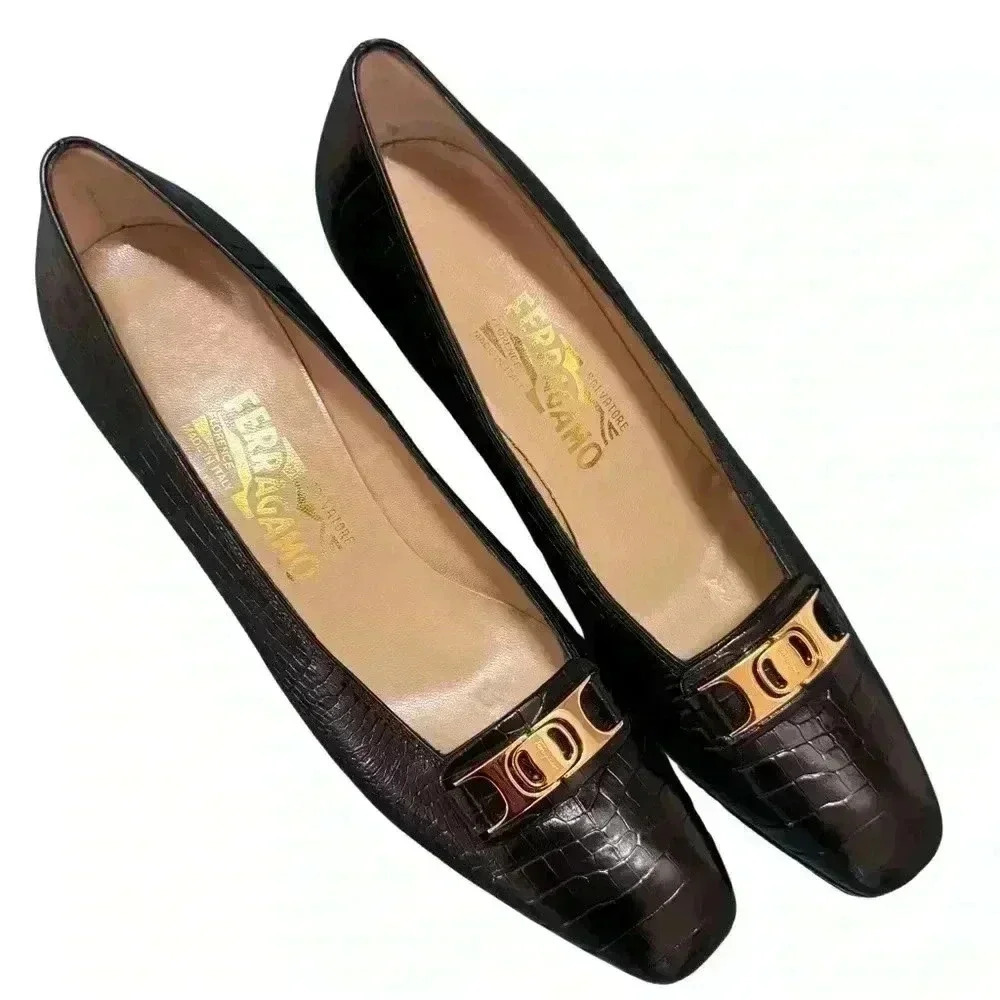 Salvatore Ferragamo Womens 10 heels Black Leather Croc Emboss Shoes gold buckle - Picture 7 of 13